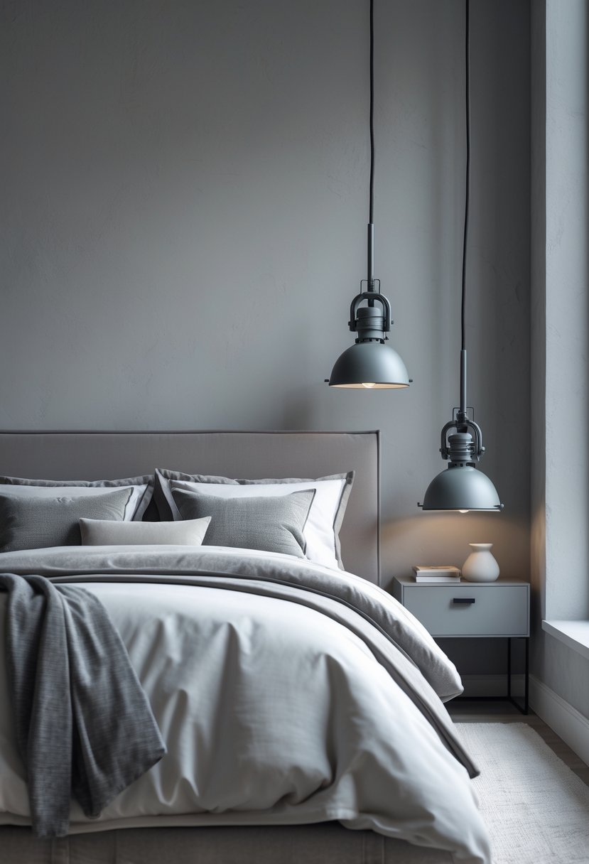A bedroom with a bed and two grey metal lamps on bedside tables against a grey wall.