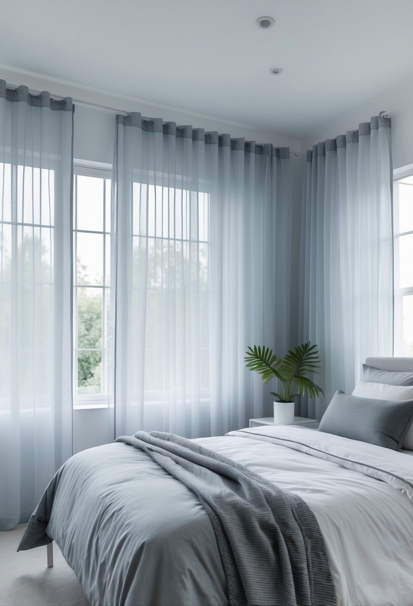 A bedroom with light grey sheer curtains, a bed with grey and white bedding, and a small plant on a bedside table.