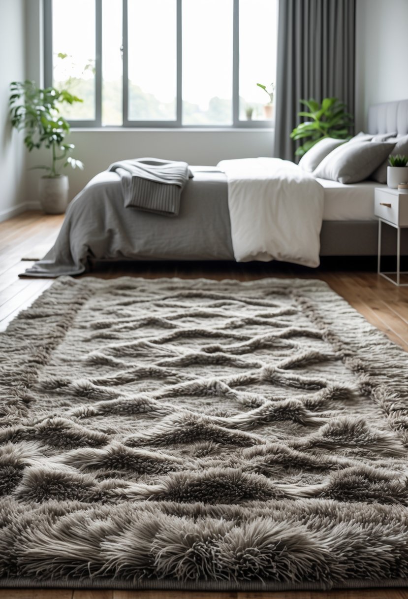 A bedroom with a warm grey area rug on the floor, a bed with grey and white bedding, a nightstand with a lamp, and natural light coming through windows.