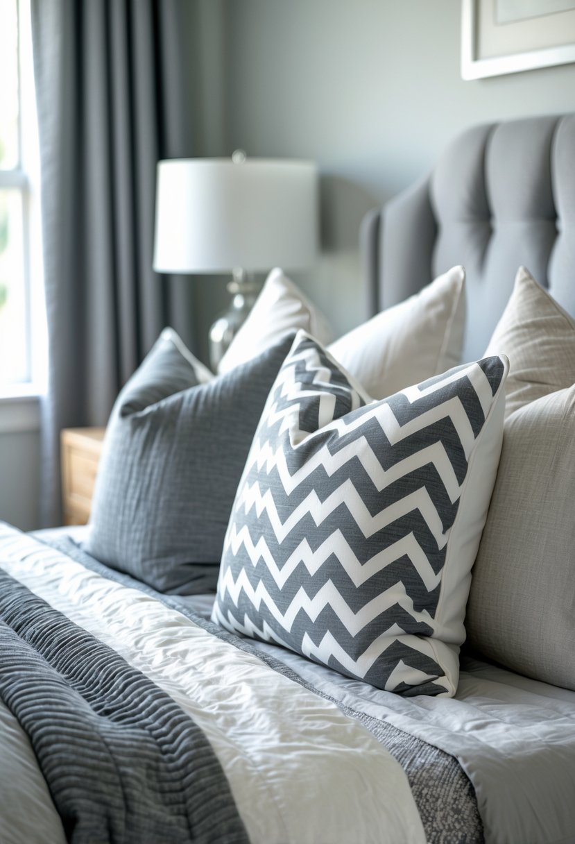 A bed with grey and white chevron throw pillows and neutral bedding in a softly lit bedroom.