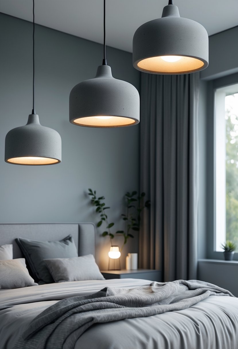A bedroom with grey pendant lights hanging from the ceiling above a bed with grey bedding.