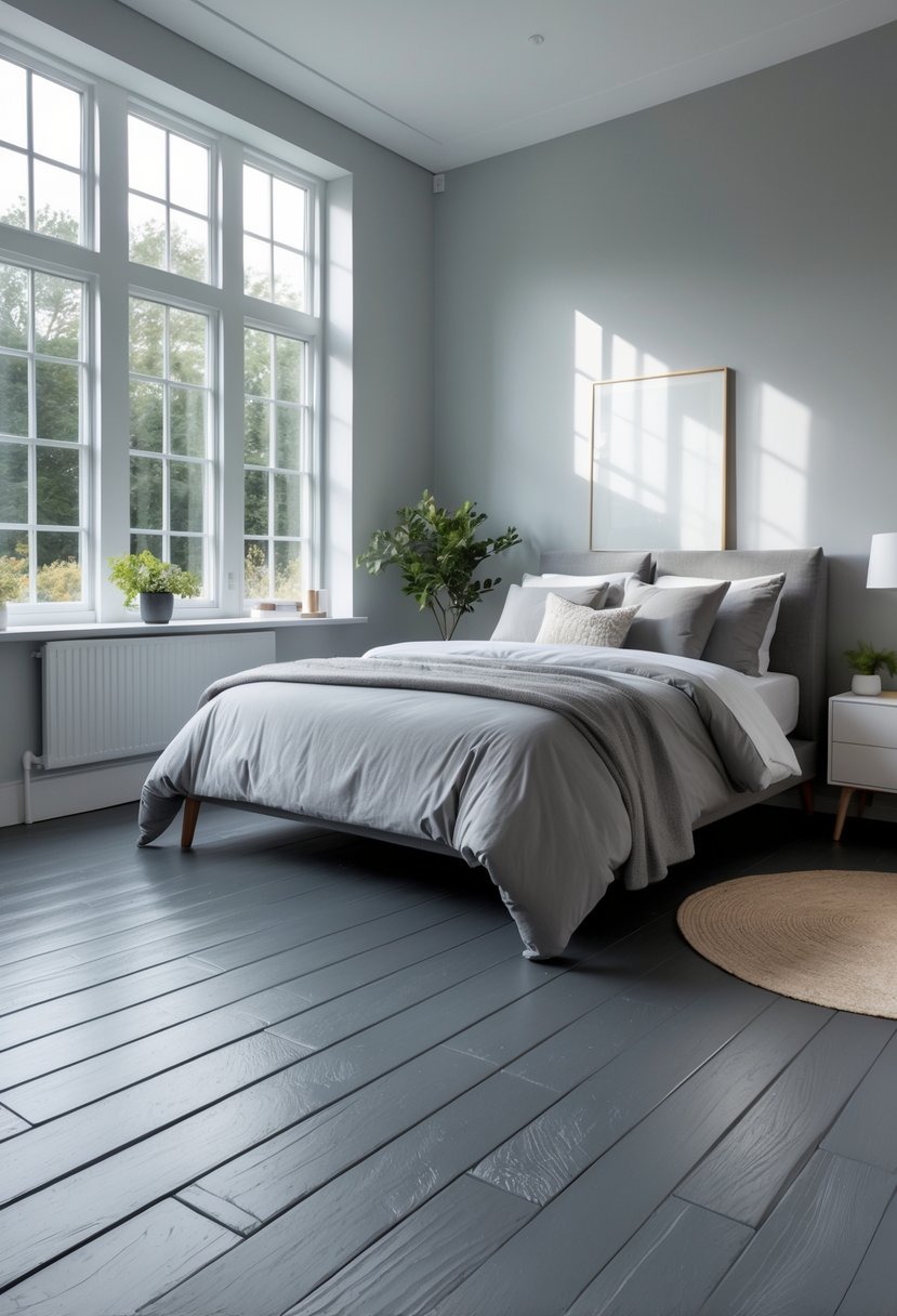 A bedroom with slate grey painted wood flooring, a bed with grey and white bedding, and natural light coming through large windows.