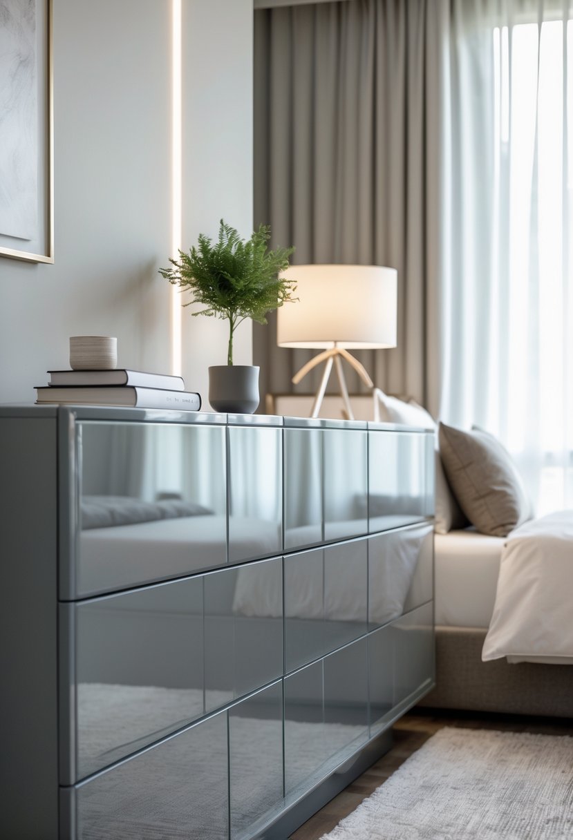 A bedroom with a glossy grey dresser, a bed with neutral bedding, and soft natural light coming through a window.
