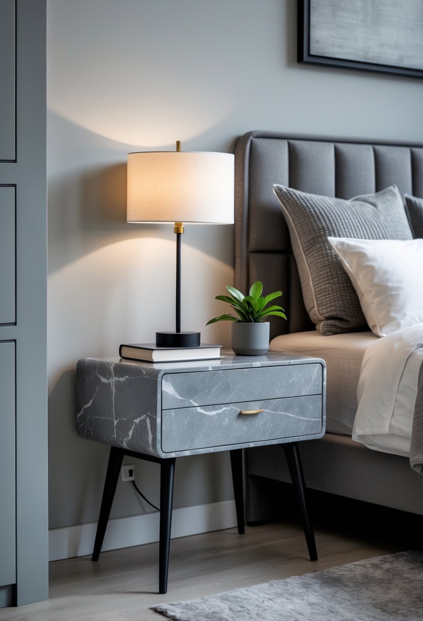 A grey marble bedside table with a lamp, book, and plant next to a bed with grey and white bedding.