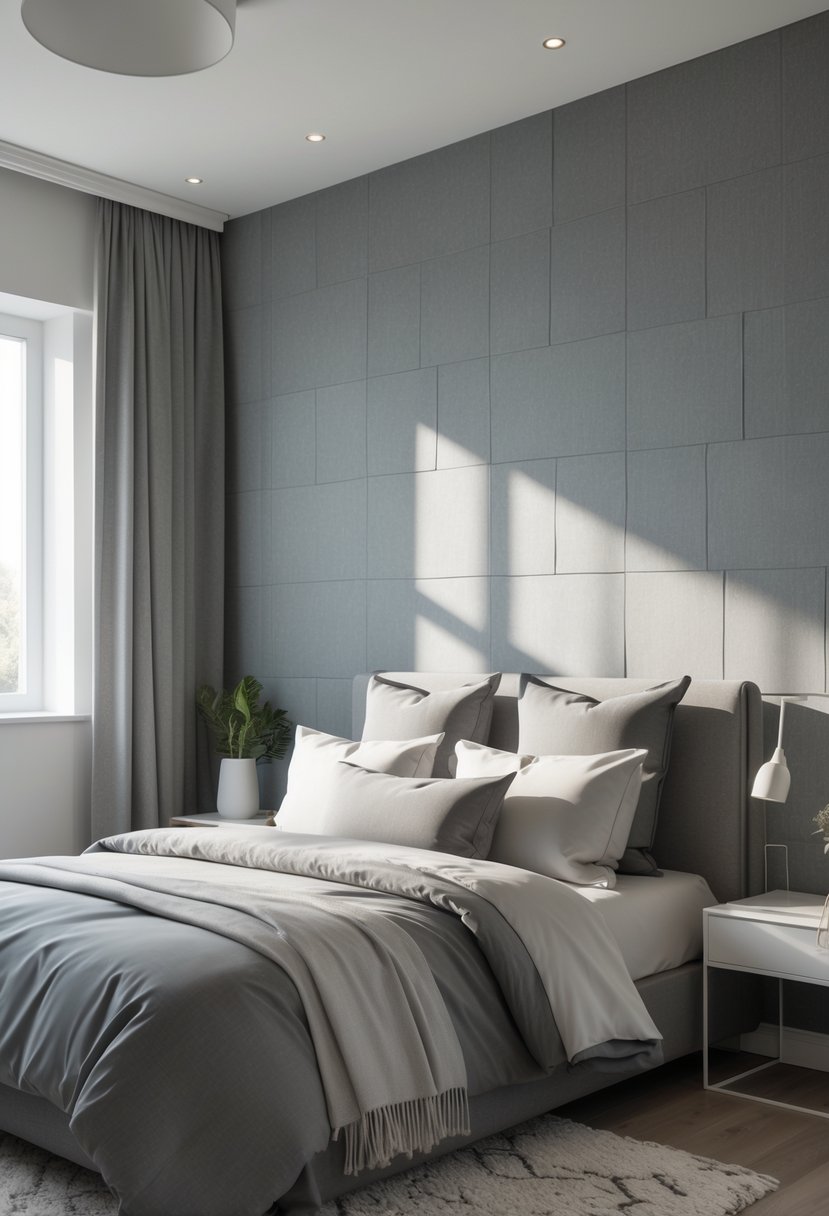 A bedroom with a bed, bedside tables, and a dusty grey wallpaper with geometric patterns.
