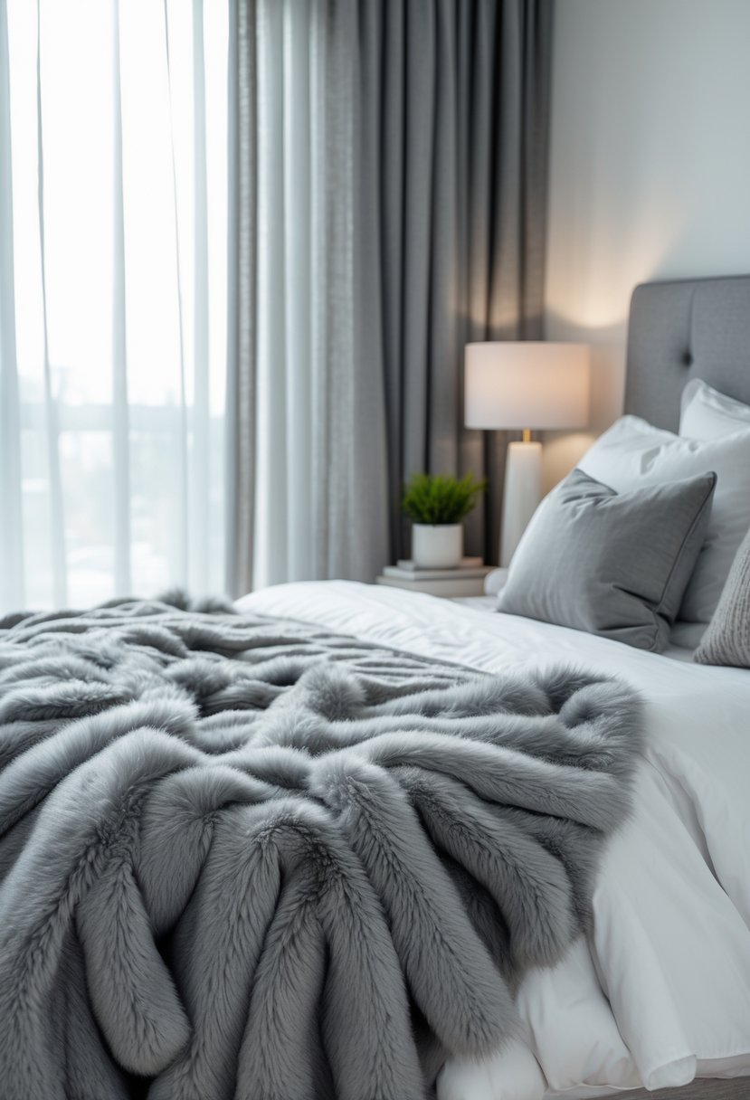 A bedroom with a neatly made bed covered by a soft grey faux fur throw blanket, white pillows, and natural light coming through sheer curtains.