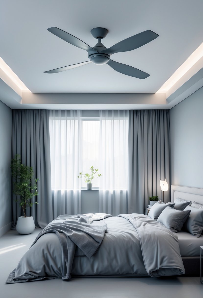 A bedroom with a steel grey ceiling fan, grey walls, and a neatly made bed with grey bedding.