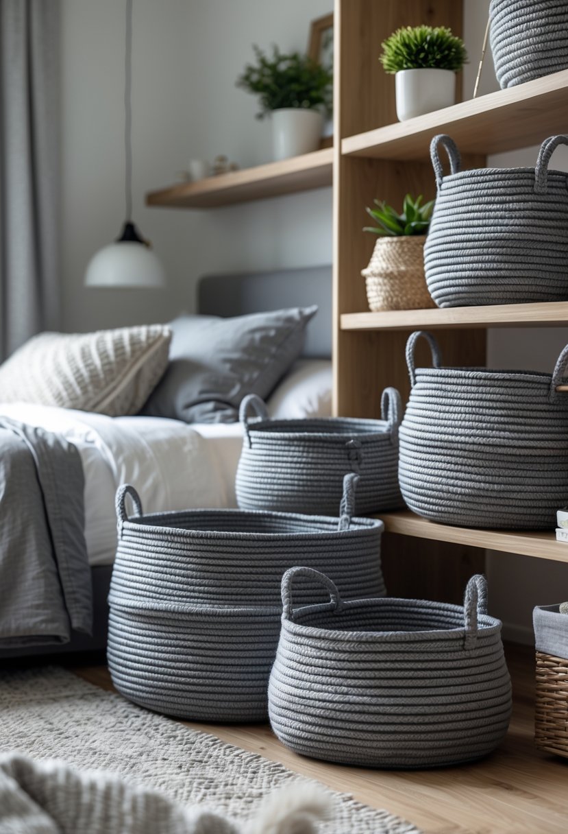 A bedroom with grey woven storage baskets on wooden shelves near a bed with grey linens and a small plant on a bedside table.