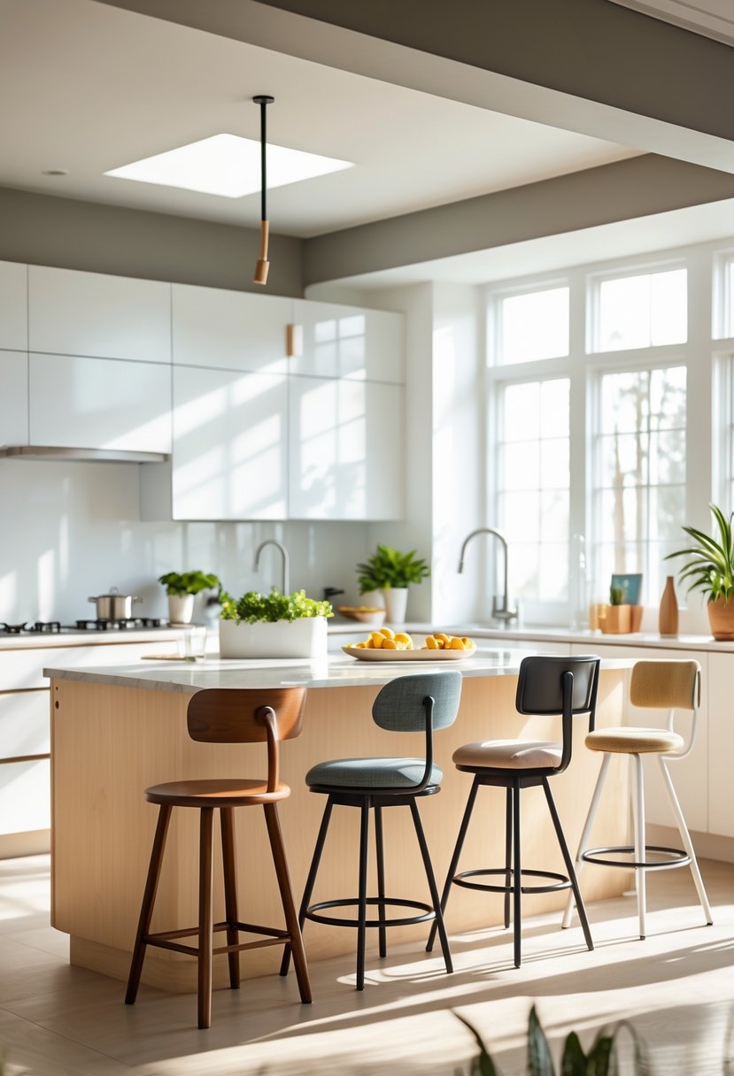 A bright kitchen with several different kitchen stools arranged around a kitchen island.
