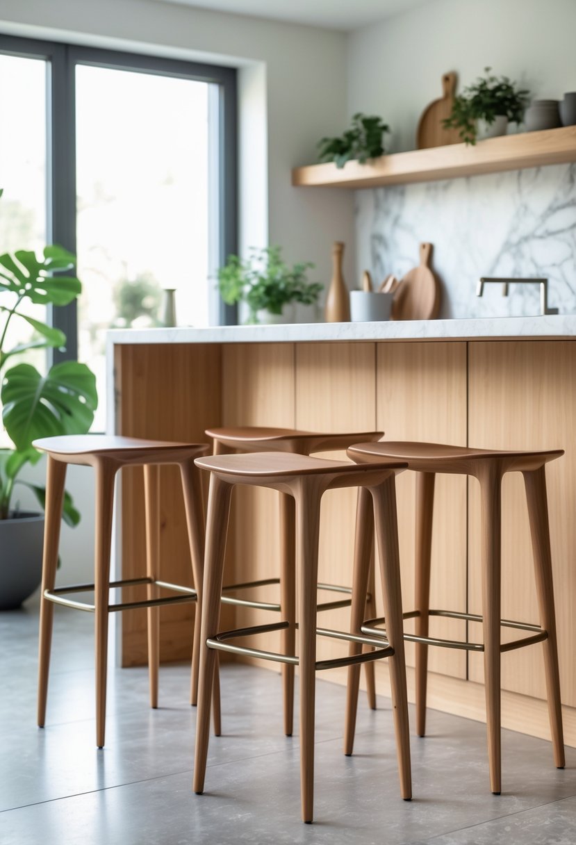 A set of wooden kitchen stools with tapered legs arranged around a kitchen island in a bright kitchen.
