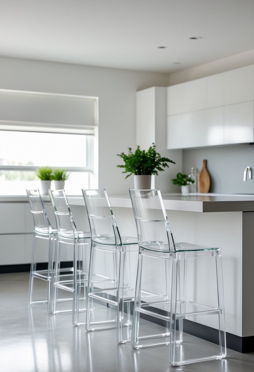 Clear acrylic stools arranged around a kitchen island in a bright, uncluttered kitchen.