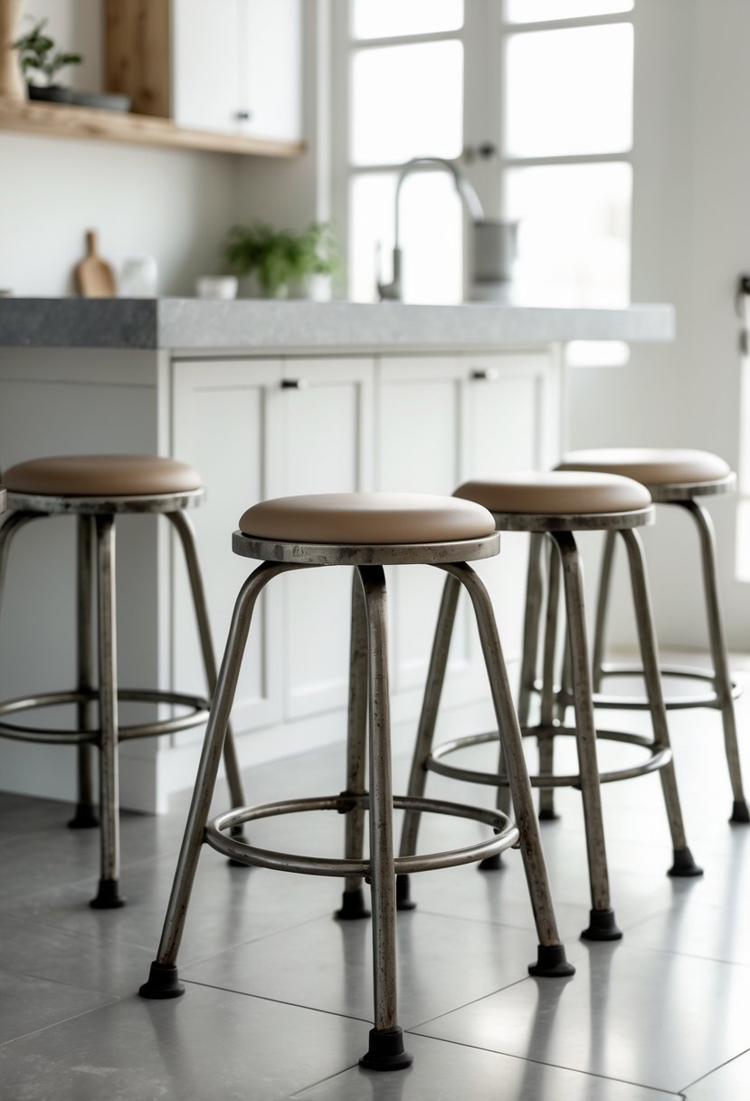 A set of metal kitchen stools with rubber foot caps arranged around a kitchen island in a bright kitchen.