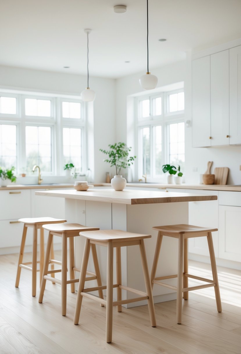 A bright kitchen with a set of wooden stools placed around a kitchen island.