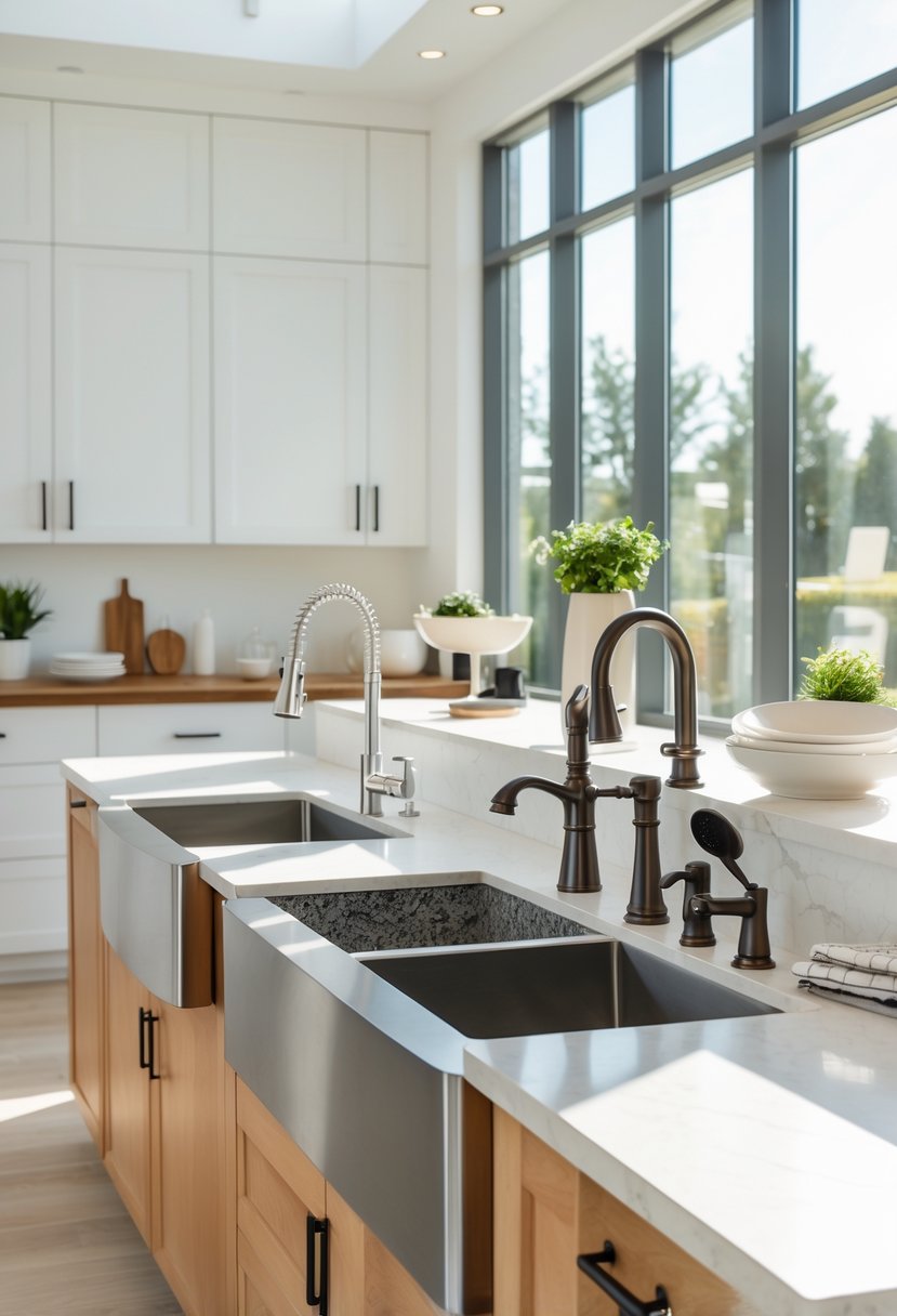 A showroom displaying ten different kitchen sinks with various designs, materials, and faucets in a bright kitchen setting.