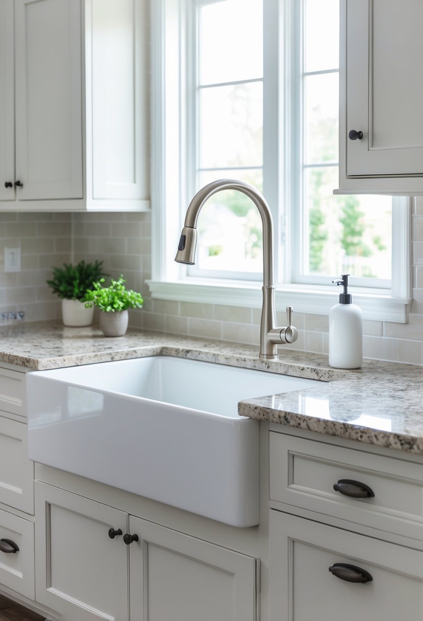 A farmhouse apron front sink in a bright kitchen with white cabinetry, granite countertops, and a stainless steel faucet.