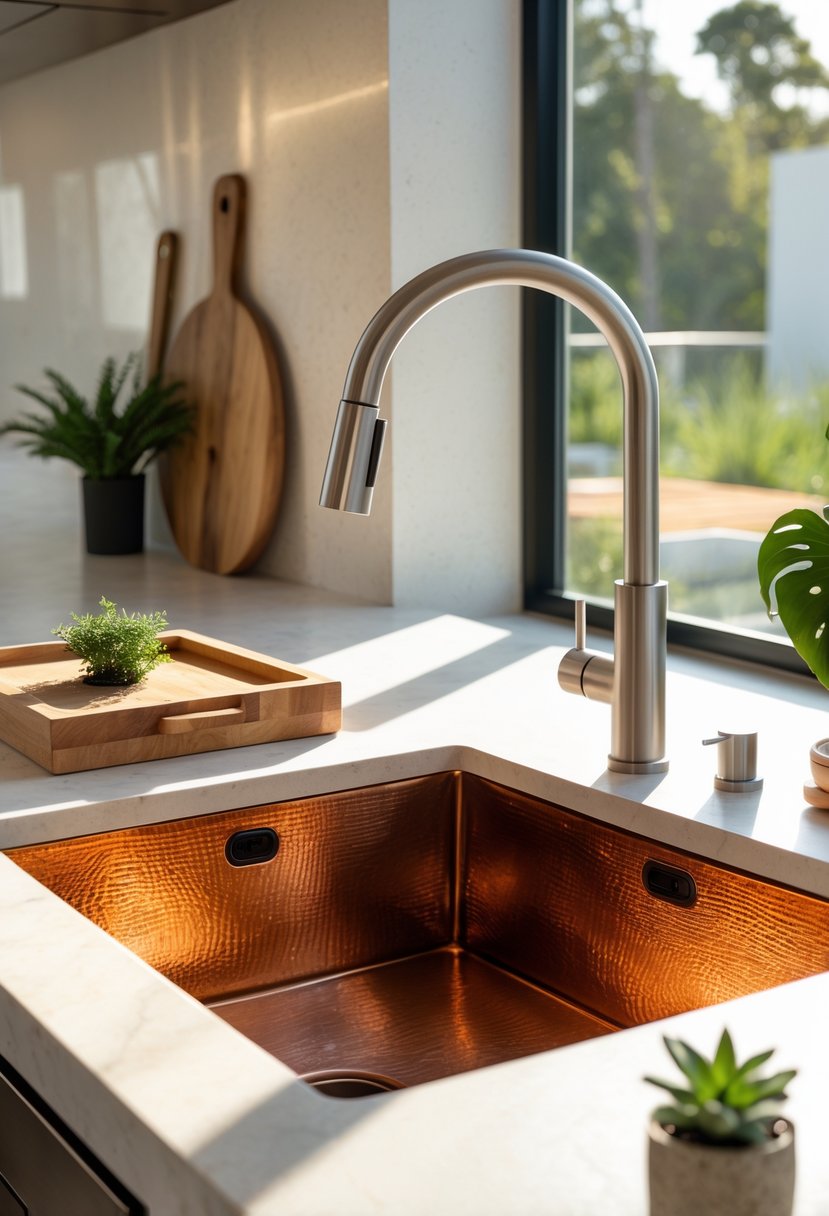 A kitchen countertop with a copper handmade sink and a stainless steel faucet surrounded by kitchen accessories.