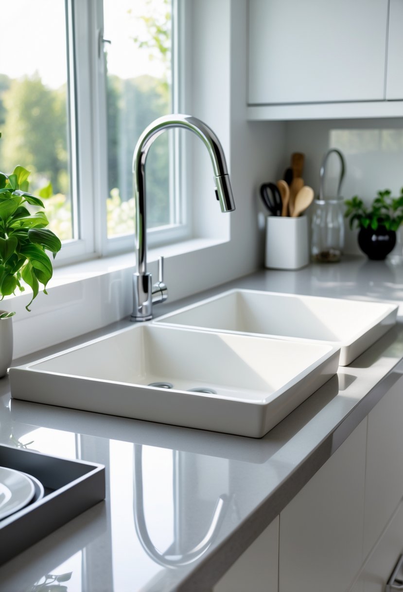 A modern kitchen with a double bowl ceramic sink installed in a countertop, featuring a chrome faucet and kitchen utensils nearby.