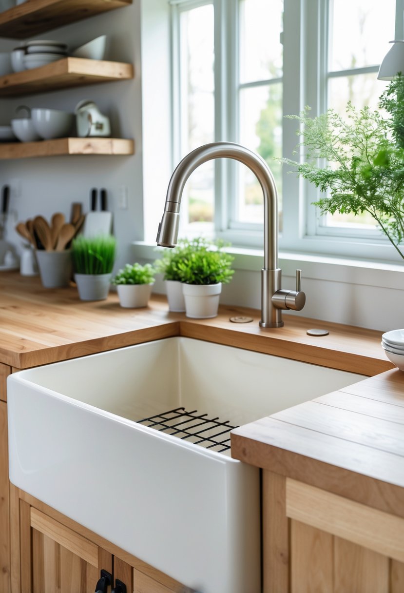 A kitchen with a white farmhouse sink set into a wooden countertop, surrounded by plants and kitchen utensils.