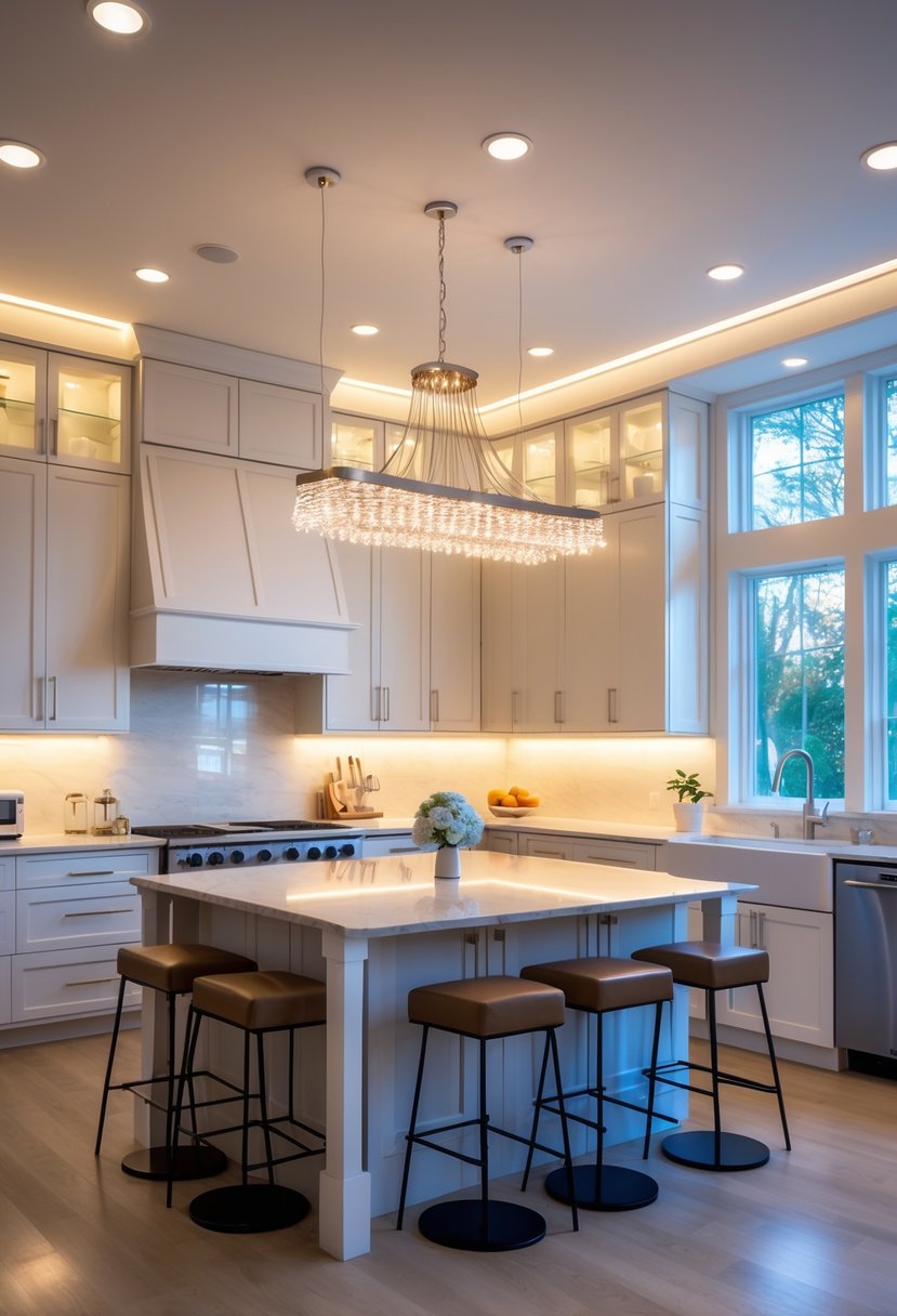A modern kitchen interior with seven different types of lighting illuminating the space, including pendant lights, recessed lights, under-cabinet strips, a chandelier, track lighting, wall sconces, and natural sunlight.