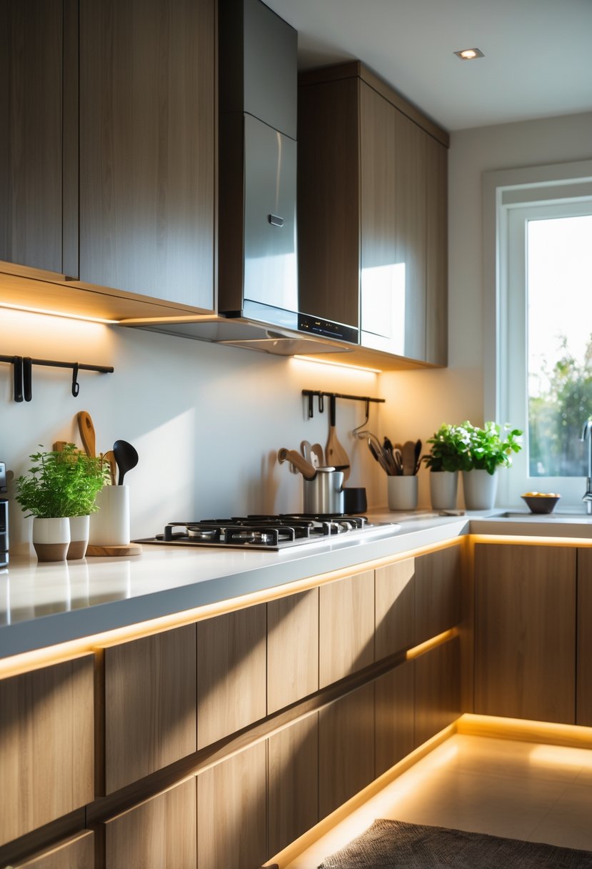 A modern kitchen with under-cabinet LED strip lights illuminating the countertop beneath wooden cabinets.