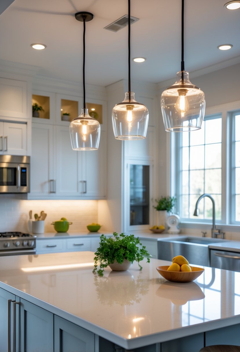 A modern kitchen island illuminated by three pendant lights hanging above it.