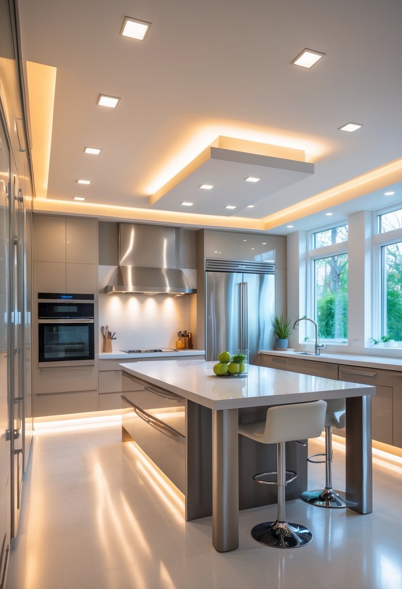 A modern kitchen with recessed ceiling lights illuminating the space, featuring a large island, cabinetry, and stainless steel appliances.