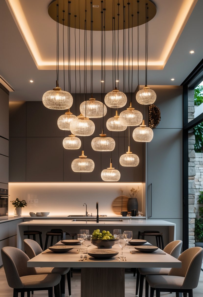 Dining area with multiple chandeliers hanging above a set dining table in a modern kitchen.