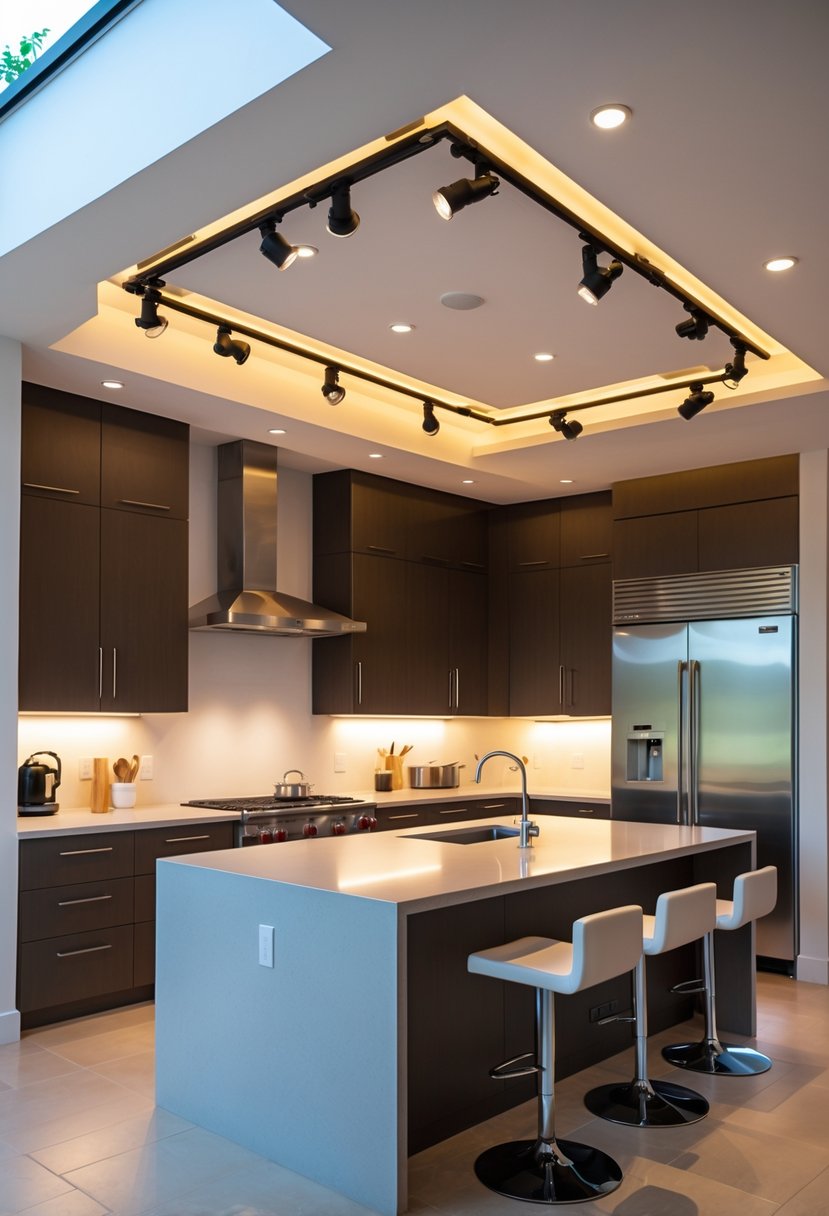 A modern kitchen with adjustable track lighting illuminating the countertop, sink, and island area.