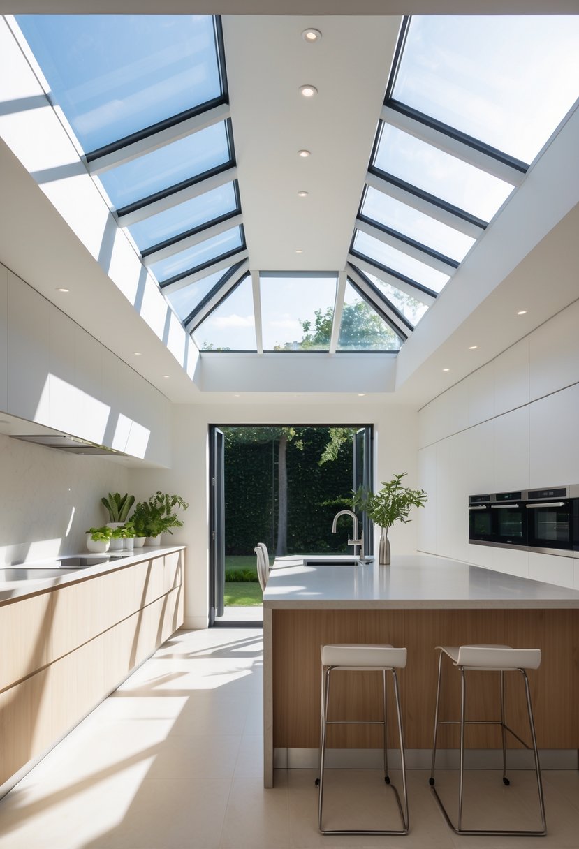 A modern kitchen illuminated by natural light coming through large skylights, with white cabinets, a kitchen island, and green plants.