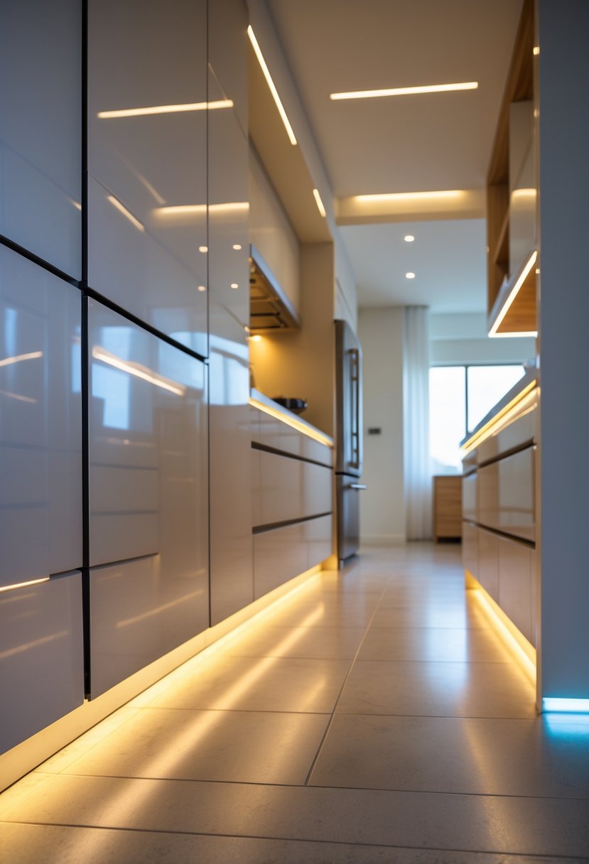 Modern kitchen with toe-kick lighting softly illuminating the floor beneath the cabinets.