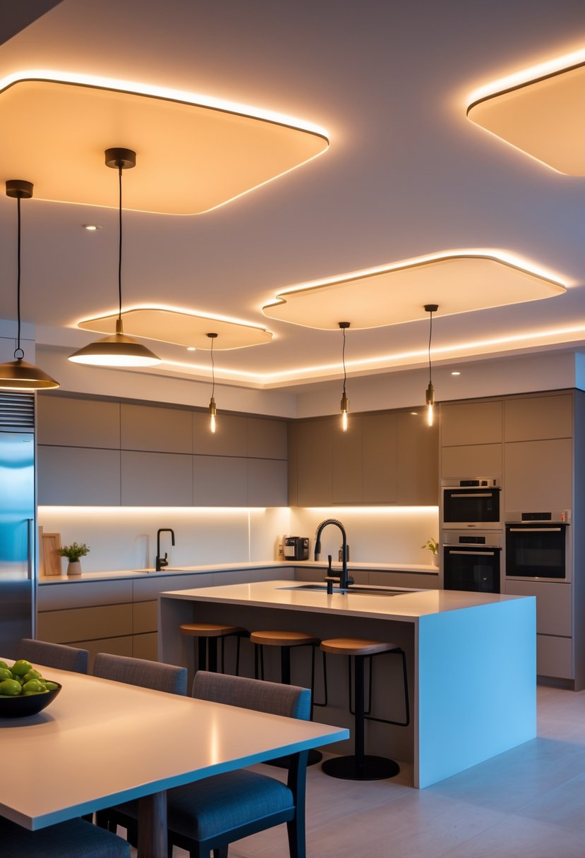 A modern kitchen with dimmable overhead lights illuminating the countertops, island, and appliances.