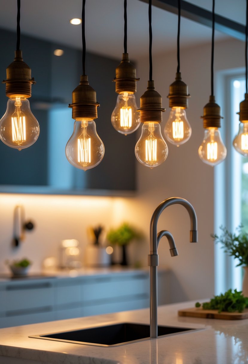A kitchen with vintage Edison bulb pendant lights hanging above a kitchen island.