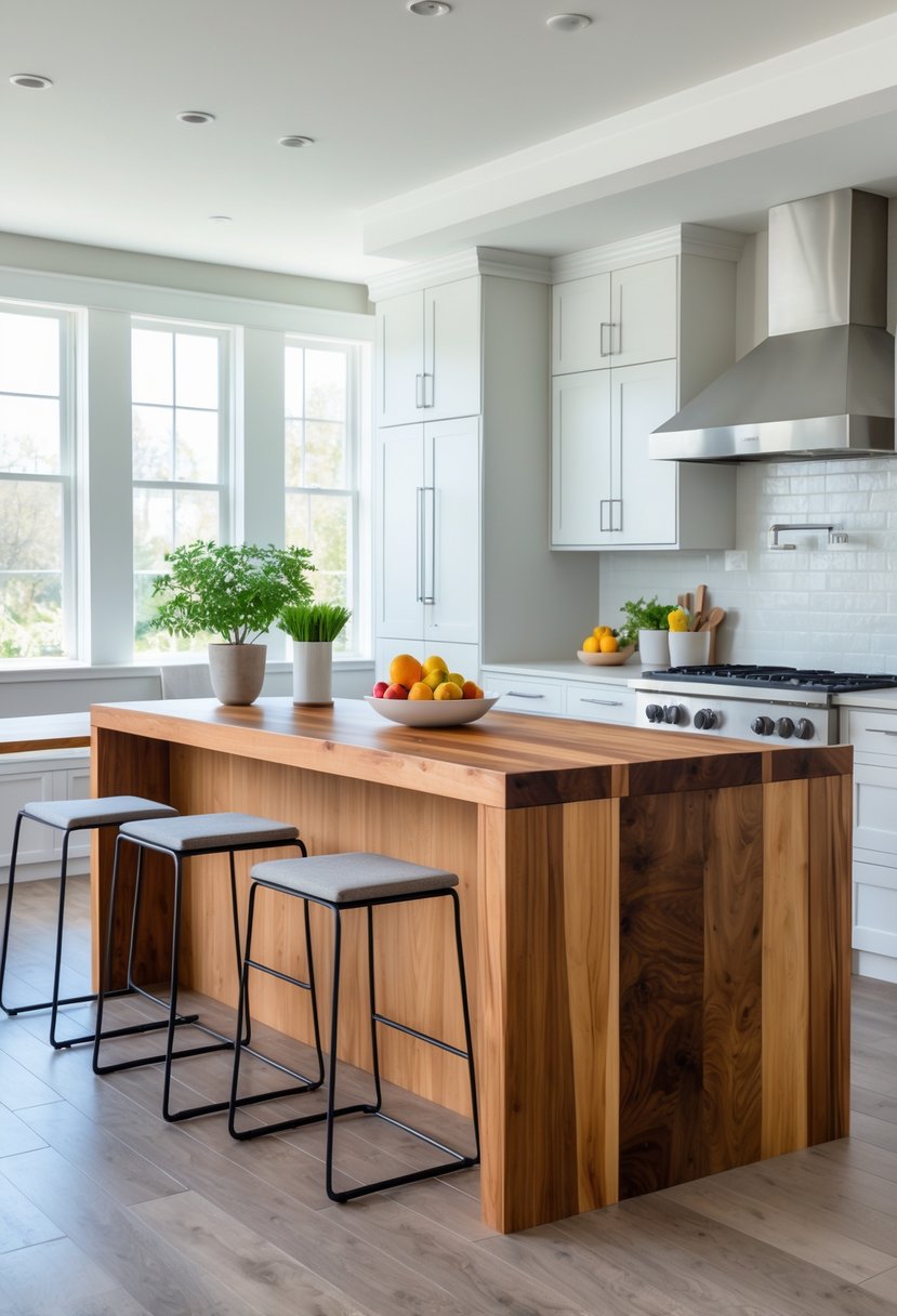 A kitchen island with a wooden butcher block countertop surrounded by bar stools in a bright, modern kitchen.