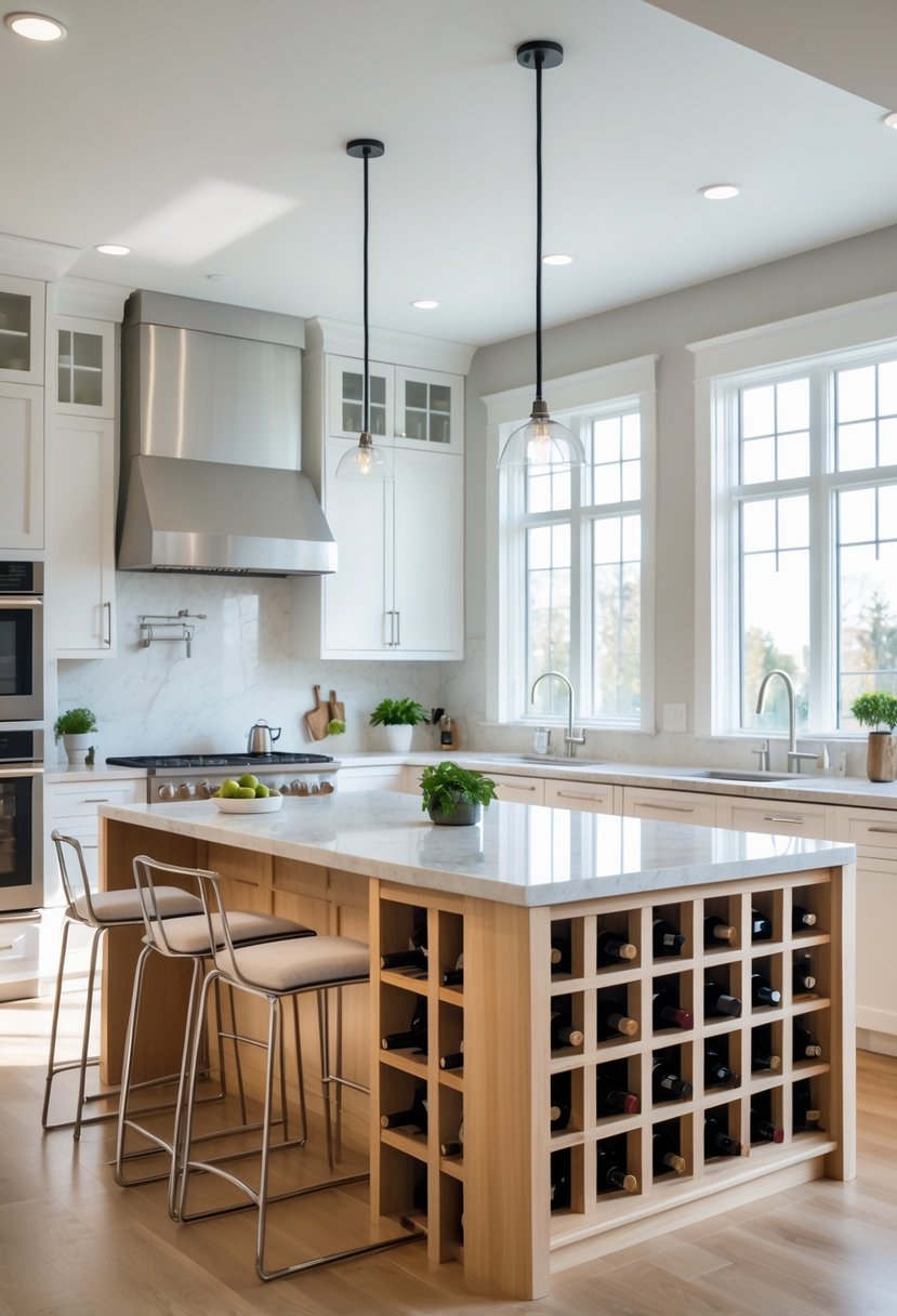 A modern kitchen with a wooden kitchen island that has a built-in wine rack holding several bottles, surrounded by bar stools and bright natural light.