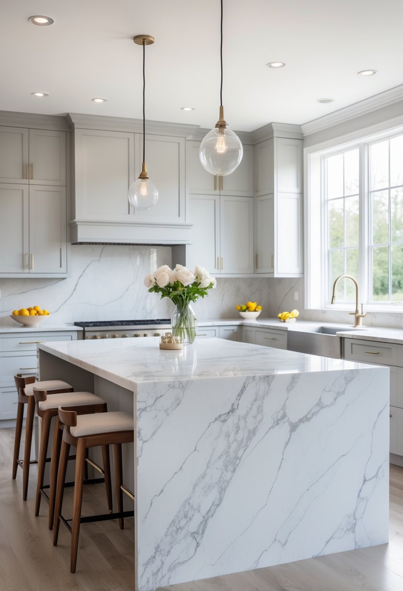 A kitchen with a large marble top island in the center, surrounded by bar stools and modern appliances.