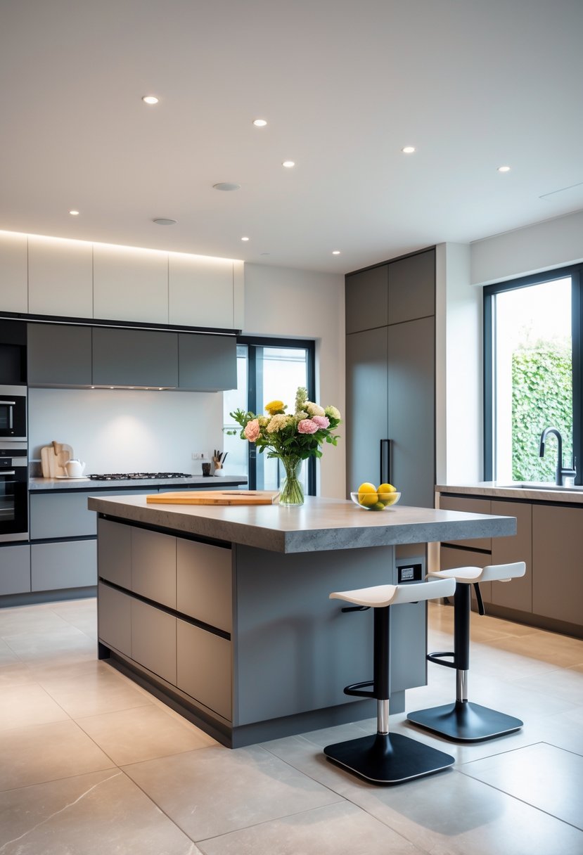 A spacious kitchen with a multi-level island featuring a lower prep area and a higher breakfast bar with stools.