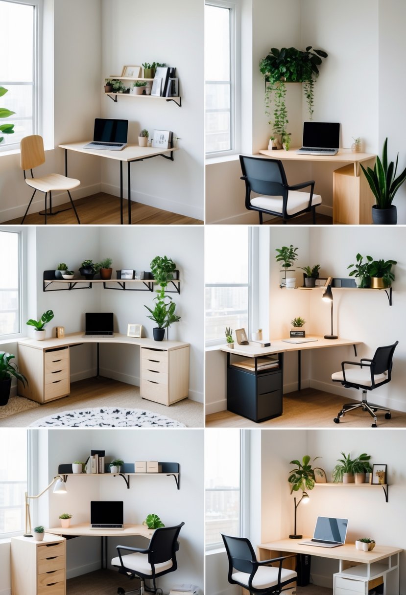 A room displaying 10 different small desk setups with various designs and office accessories.