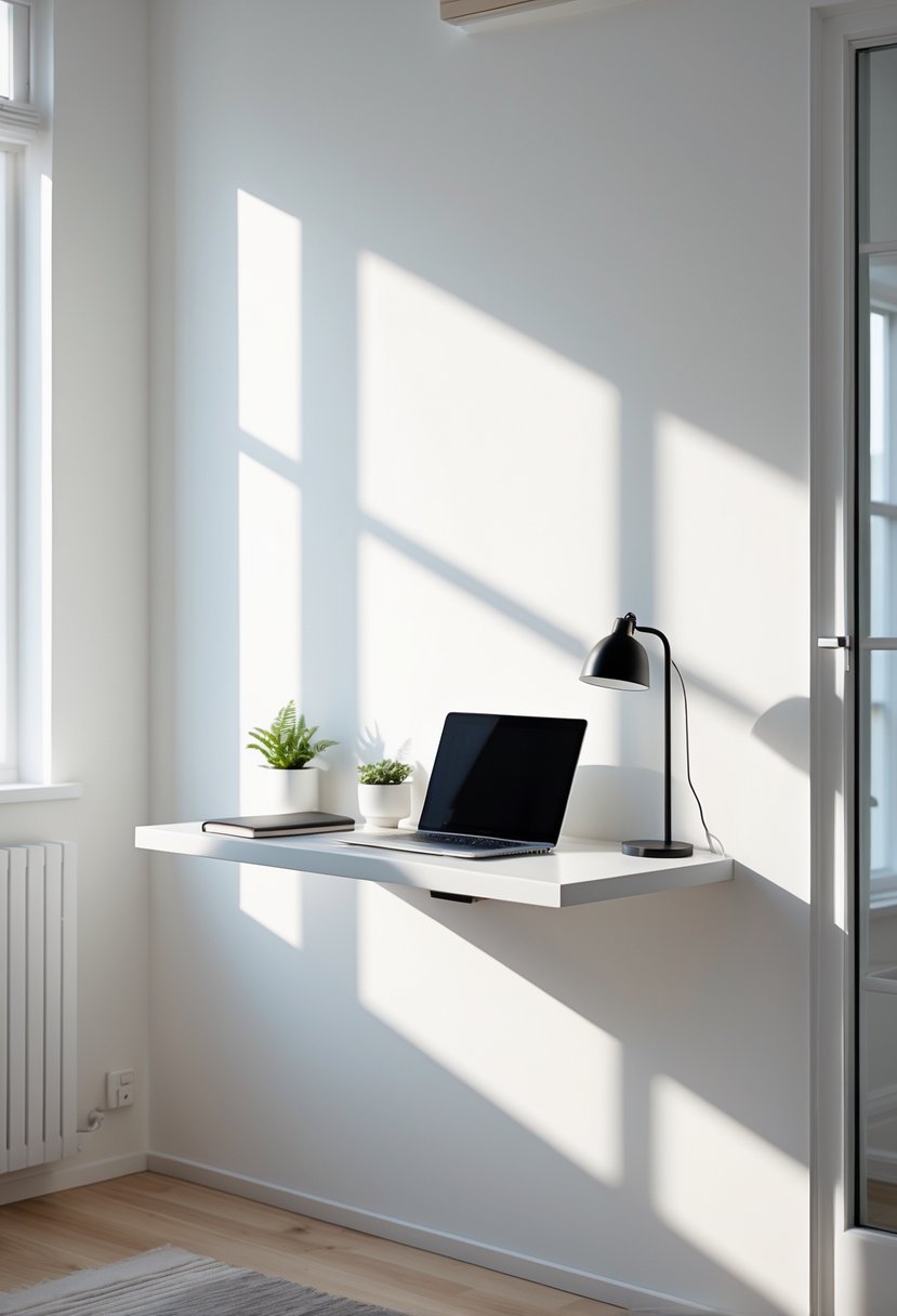 A small floating wall-mounted desk with a laptop, plant, and lamp in a bright, tidy room.