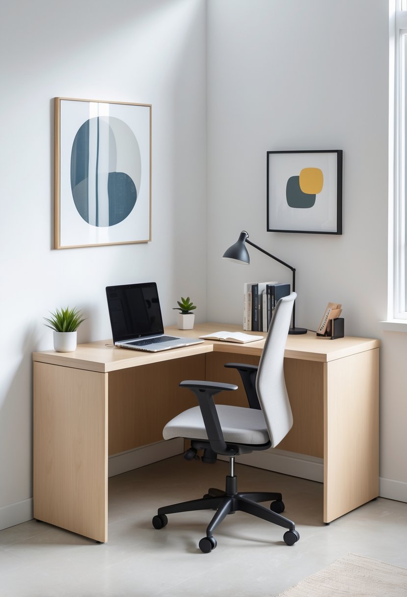 A compact corner L-shaped desk set up in a bright room with a laptop, plant, notebook, lamp, and chair.