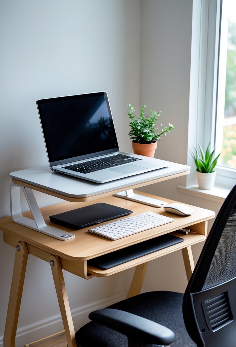 A compact standing desk converter on a small desk in a bright home office corner with a laptop, keyboard, mouse, plant, and chair.