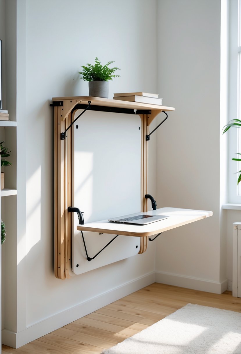 Wall-mounted foldable ironing board desk unfolded in a small bright room with a laptop, books, and a plant nearby.