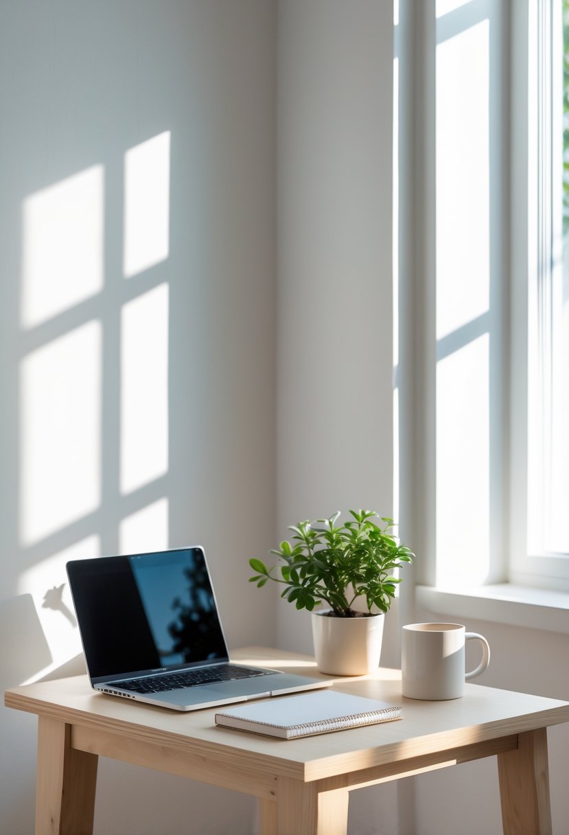 A small wooden desk with a laptop, plant, notebook, and mug in a bright, uncluttered room.