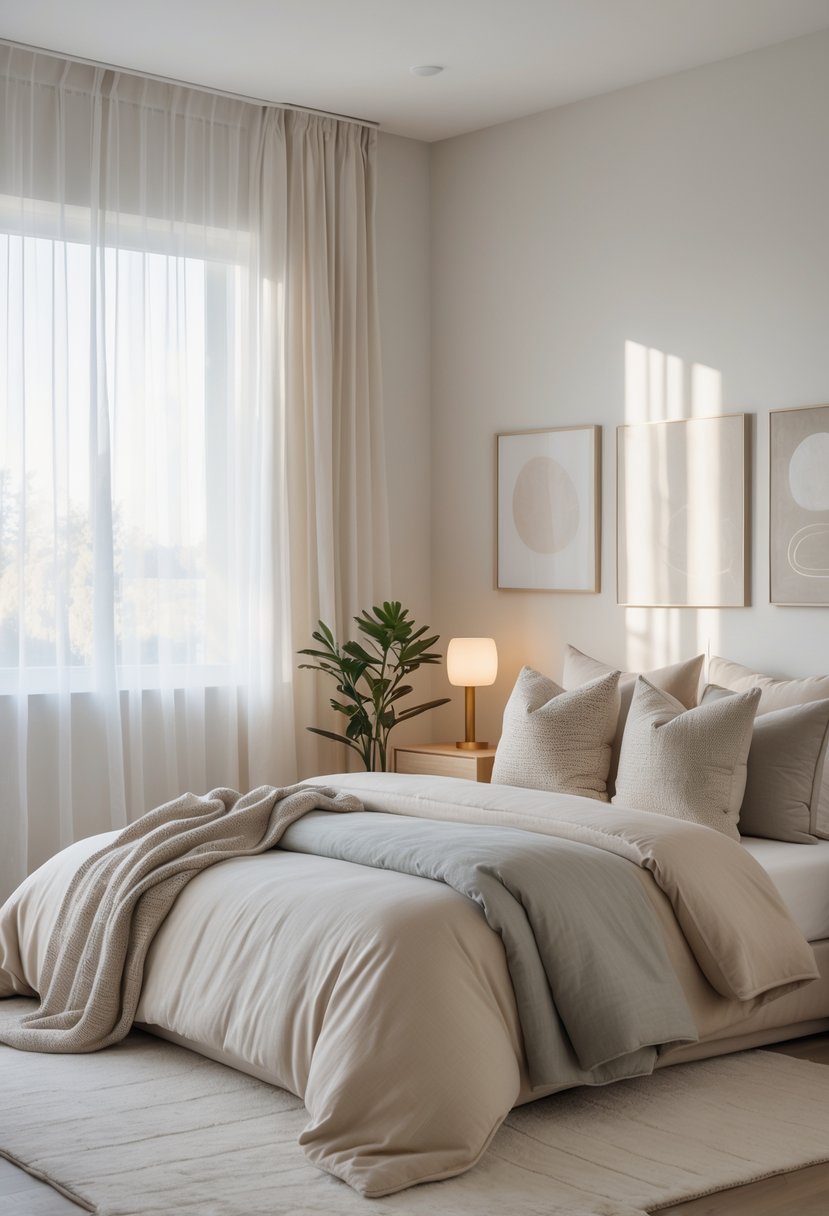 A neatly made bed with neutral-colored linens in a bright bedroom with a nightstand, lamp, artwork, and a small plant.