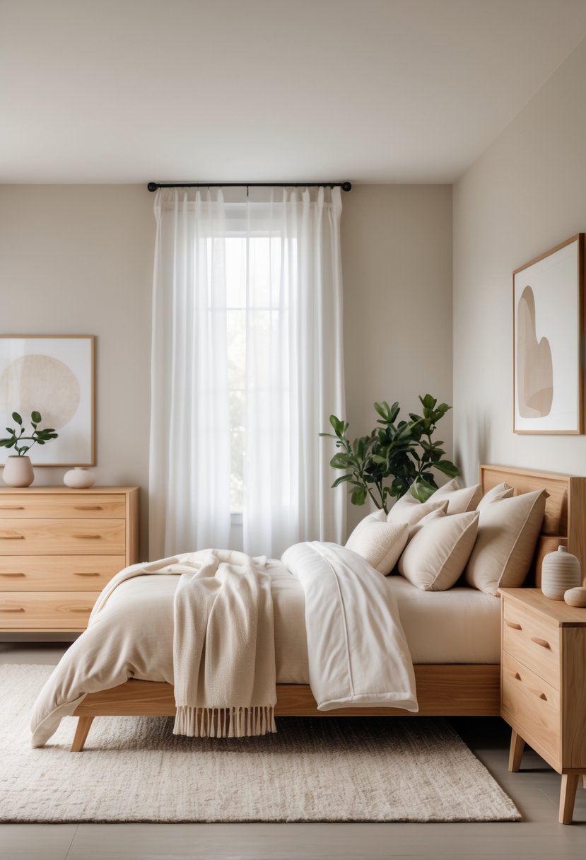 A bedroom with natural wood furniture, neutral bedding, soft lighting, and simple decorative elements.