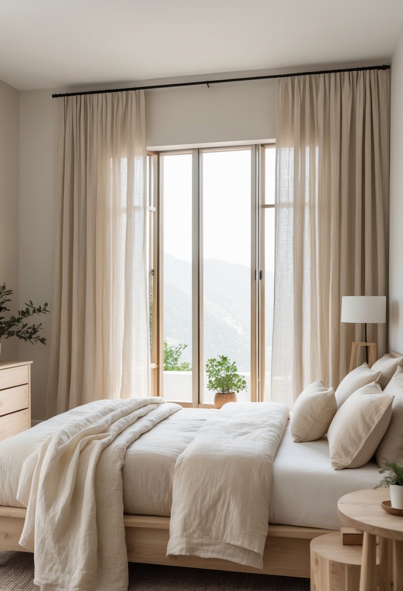 A bedroom with a made bed, neutral tones, and linen curtains softly filtering daylight through large windows.