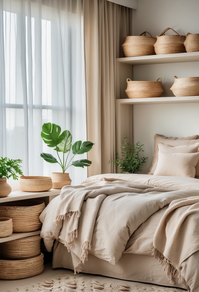 A bedroom with neutral colors and woven baskets used for storage on shelves and beside the bed.