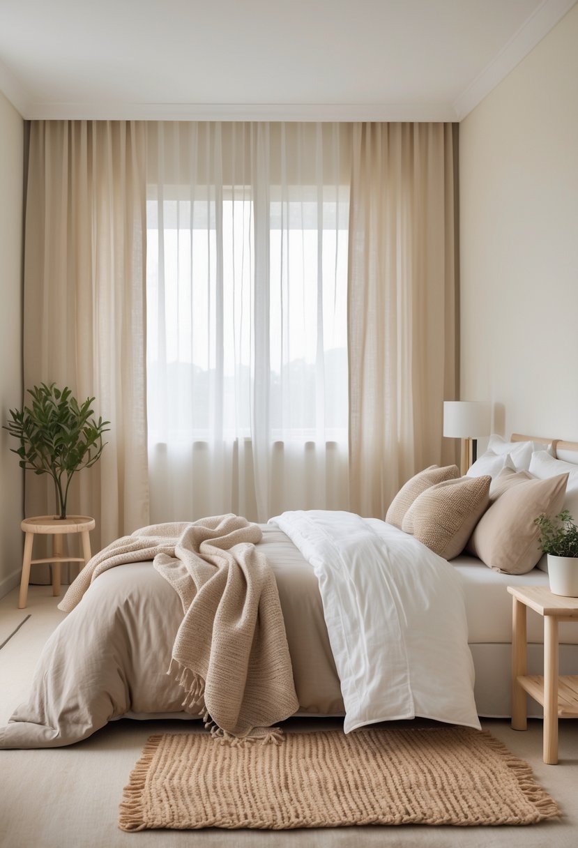 A neutral bedroom with a bed, bedside table, and a jute rug on the floor.