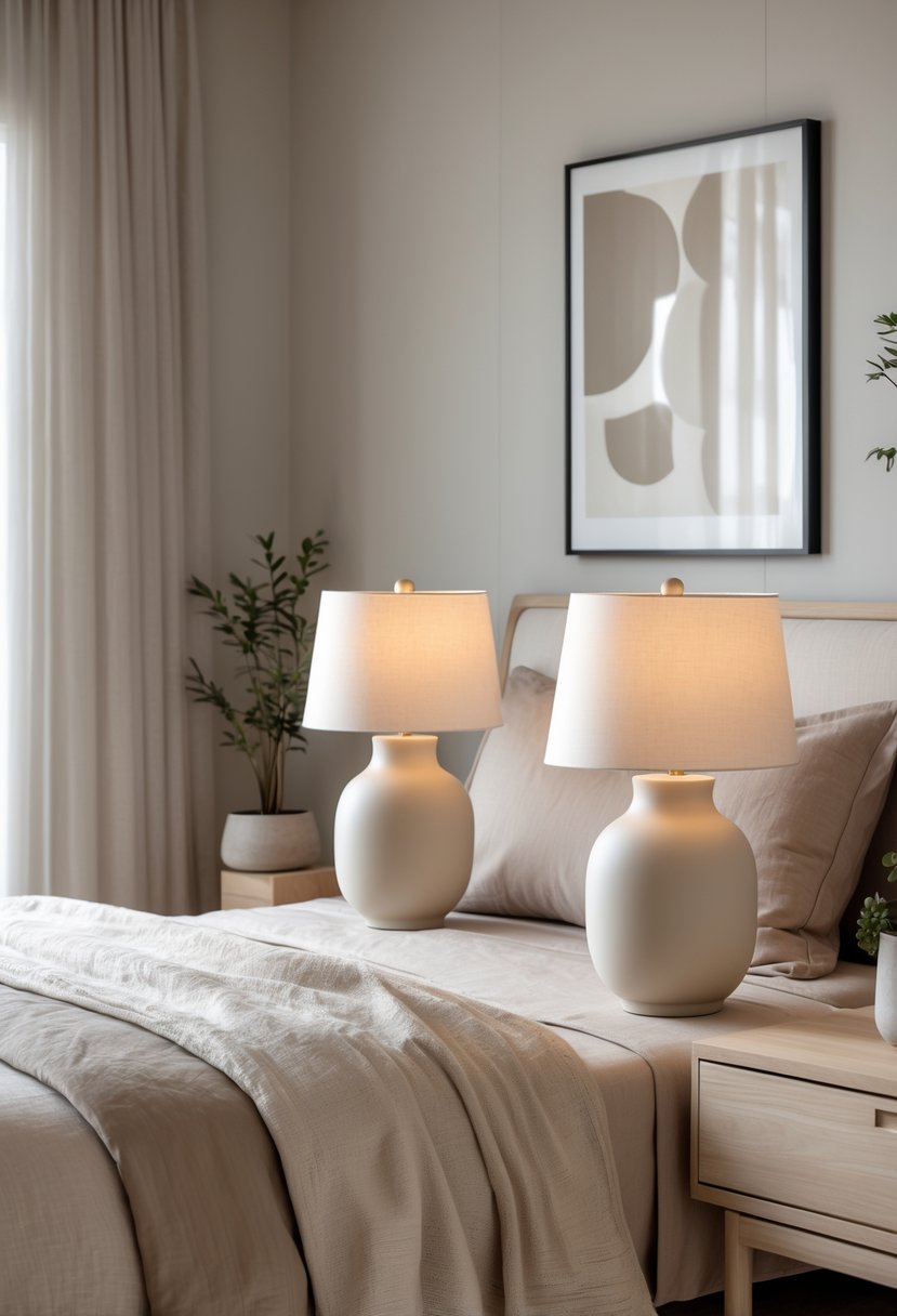 A neutral bedroom with a bed, two matte ceramic lamps on bedside tables, and soft natural light coming through sheer curtains.