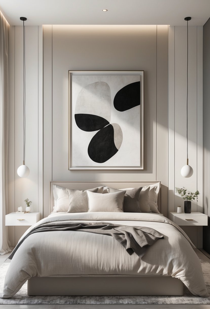 A neutral-toned bedroom with a neatly made bed and monochrome abstract artwork hanging above it.
