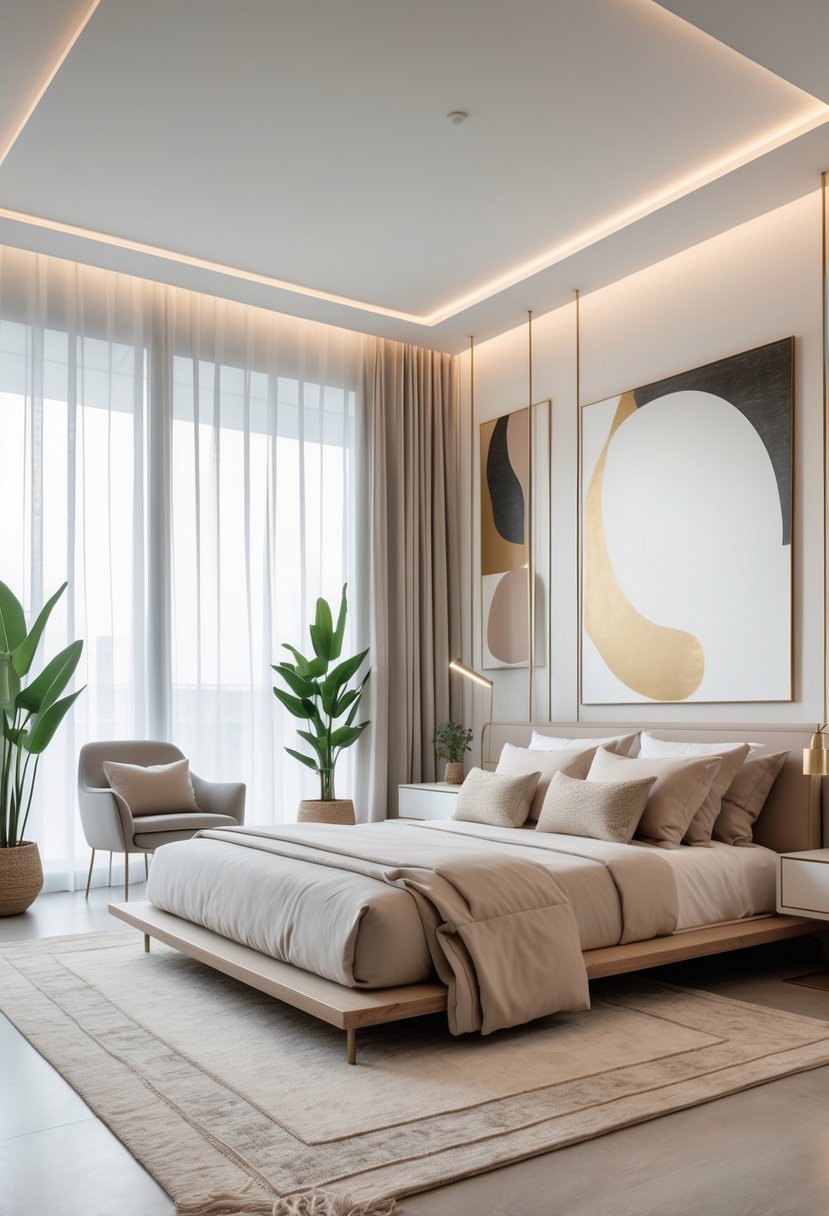 A bright bedroom with a large bed, nightstand, armchair, and large windows letting in natural light.